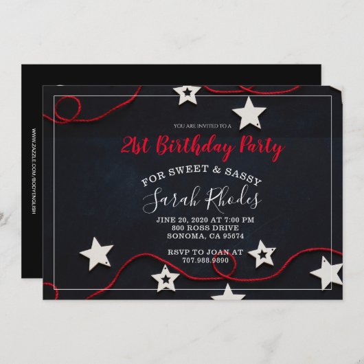 レッドストリング&スターズスイートサッシー21歳の誕生日 招待状 (正面/裏面)