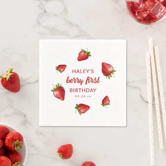 レッドストロベリーウォーターカラーベリー1stベビー誕生日 スタンダードカクテルナプキン (インサイチュ)