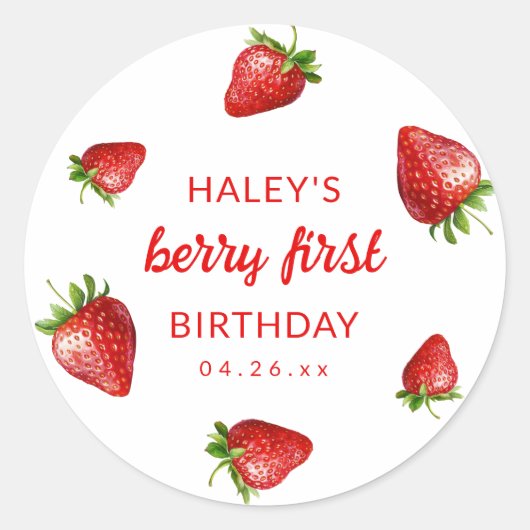 レッドストロベリーウォーターカラーベリー1stベビー誕生日 ラウンドシール (正面)