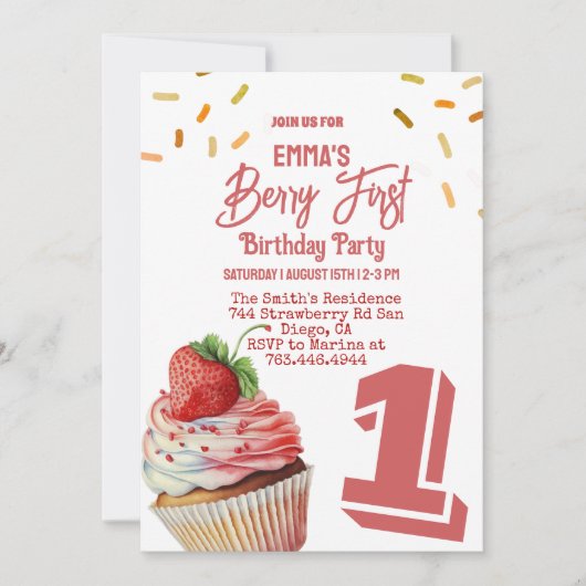 レッドストロベリーガールズベリーファースト誕生日 招待状 (正面)