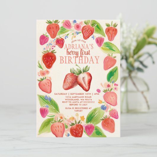 レッドストロベリージンガムベリースウィート誕生日 招待状 (スタンド正面)