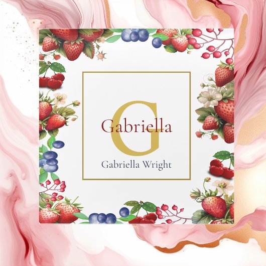 レッドストロベリーブルーベリーモダン金ゴールドモノグラム ガラスコースター