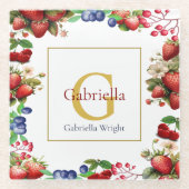 レッドストロベリーブルーベリーモダン金ゴールドモノグラム ガラスコースター (正面)