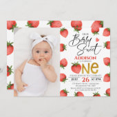 レッドストロベリーベリースイートフォトファースト誕生日 招待状 (正面/裏面)