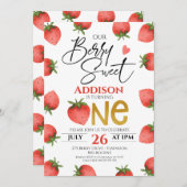 レッドストロベリーベリースウィートファースト誕生日 招待状 (正面/裏面)