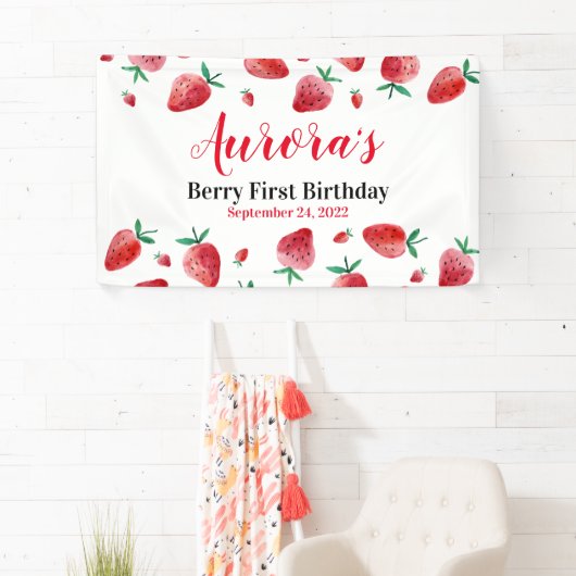 レッドストロベリーベリーファースト誕生日バナー 横断幕 (インサイチュ)