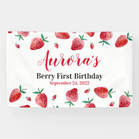 レッドストロベリーベリーファースト誕生日バナー 横断幕 (横)