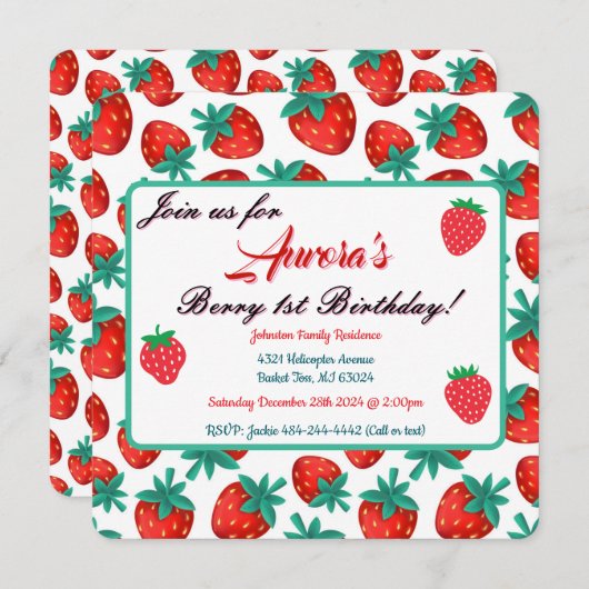 レッドストロベリーベリーファースト誕生日パーティー セーブザデート (正面/裏面)