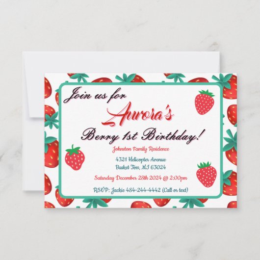 レッドストロベリーベリーファースト誕生日パーティー 招待状 (正面)