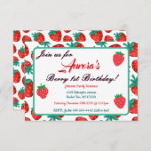 レッドストロベリーベリーファースト誕生日パーティー 招待状 (正面/裏面)