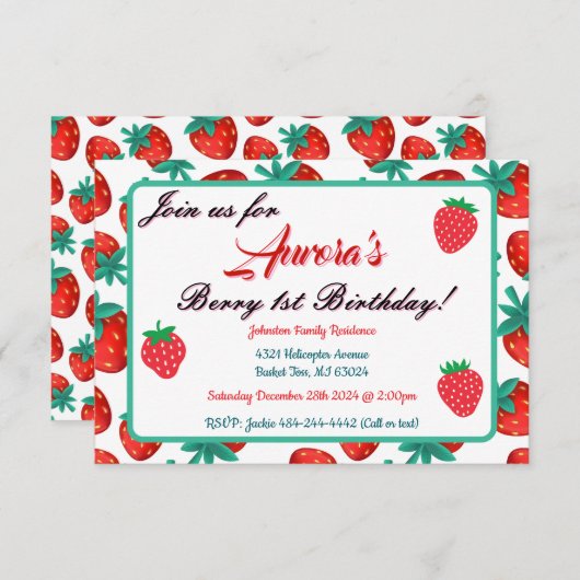 レッドストロベリーベリーファースト誕生日パーティー 招待状 (正面/裏面)