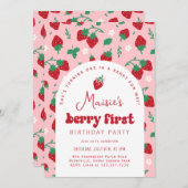 レッドストロベリーベリーファースト誕生日パーティー 招待状 (正面/裏面)