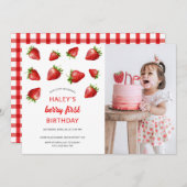 レッドストロベリーベリー第1ベビーフォト誕生日 招待状 (正面/裏面)