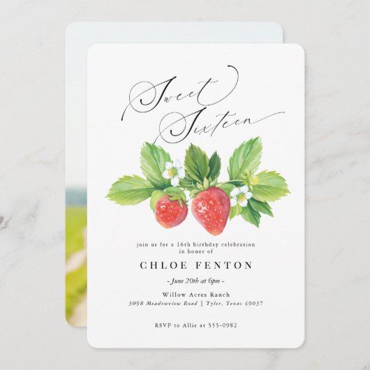 レッドストロベリーSweet sixteen誕生日招待状 招待状 (正面/裏面)