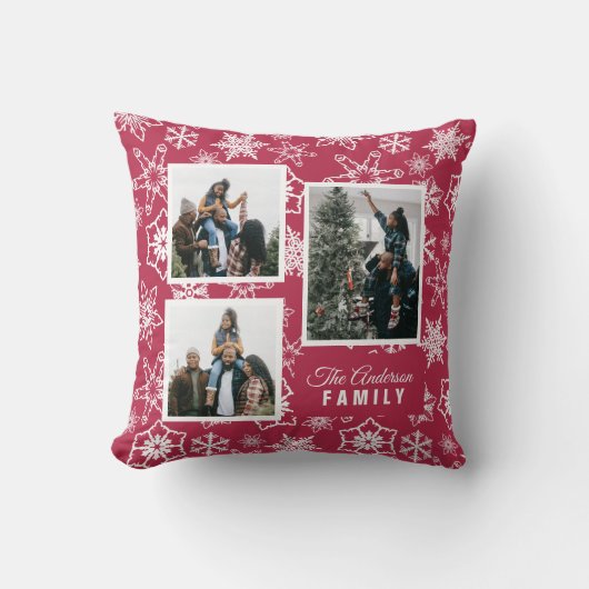 レッドスノーフレークカスタムパターンの休日の写真 クッション (正面)