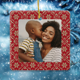 レッドスノーフレーククリスマスフォトカスタムー セラミックオーナメント