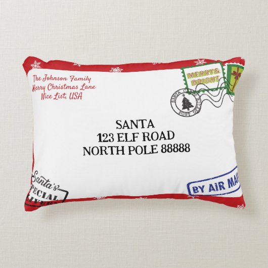 レッドスノーフレークサンタレタークリスマスをパーソナライズ アクセントクッション (正面)
