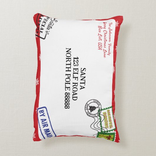 レッドスノーフレークサンタレタークリスマスをパーソナライズ アクセントクッション (裏面(縦))