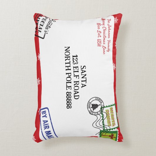 レッドスノーフレークサンタレタークリスマスをパーソナライズ アクセントクッション (正面(垂直))