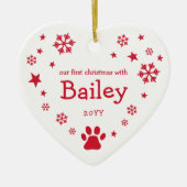 レッドスノーフレークススターズホワイト初めてのクリスマスペット セラミックオーナメント (正面)