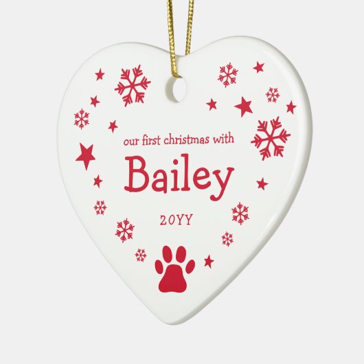 レッドスノーフレークススターズホワイト初めてのクリスマスペット セラミックオーナメント (左)