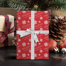 レッドスノーフレークスメリークリスマススクリプトカスタム ラッピングペーパー