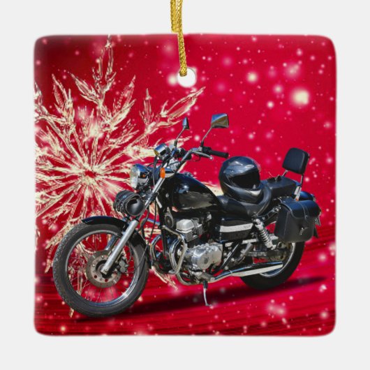 レッドスノーフレークバイクとヘルメットクリスマス セラミックオーナメント (正面)