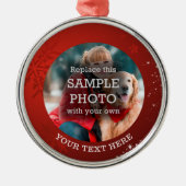 レッドスノーフレークホワイトスターズ写真カスタム文字 メタルオーナメント (正面)
