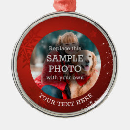 レッドスノーフレークホワイトスターズ写真カスタム文字 メタルオーナメント