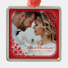 レッドスノーフレークモダンフレームホリ結婚ティの写真 メタルオーナメント