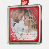 レッドスノーフレークモダンフレームホリ結婚ティの写真 メタルオーナメント (左)