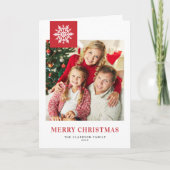 レッドスノーフレークラベルメリークリスマスフォト シーズンカード (正面)