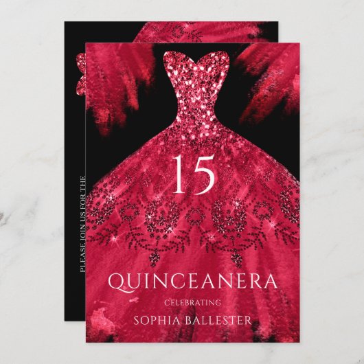 レッドスパークルガウン黒キンセアニェラドレスパーティー 招待状 (正面/裏面)