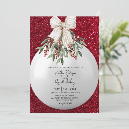 レッドスパークルクリスマスオーナメント結婚式招待状 招待状 (スタンド正面)