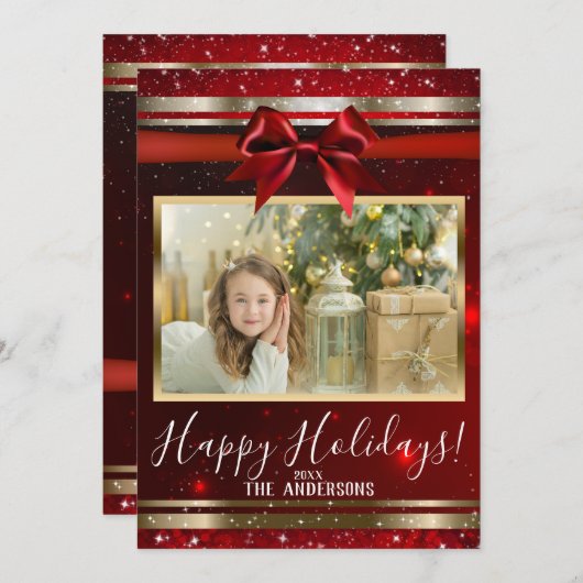 レッドスパークルシックボウグラムホリデーフォトカード シーズンカード (正面/裏面)