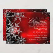 レッドスパークルスノーフレーククリスマスディナーパーティー 招待状 (正面/裏面)