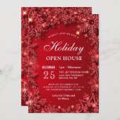 レッドスパークルスノーフレーククリスマスホリデーオープンハウス 招待状 (正面/裏面)