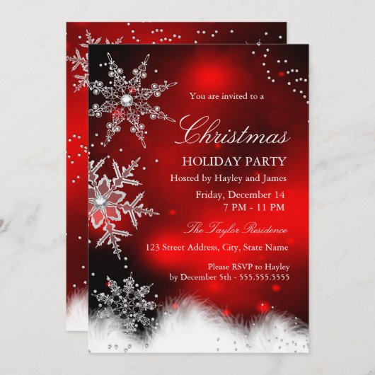 レッドスパークルスノーフレーククリスマスホリデーパーティー 招待状 (正面/裏面)