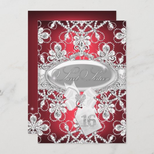 レッドスパークルダイヤモンドティアラプリンセススウィート16招待状 招待状 (正面/裏面)