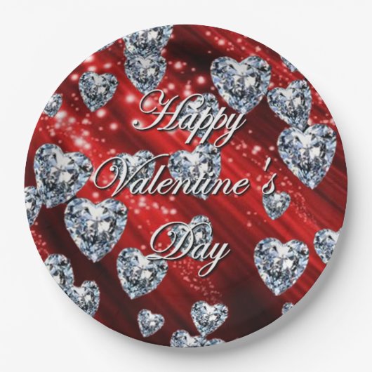 レッドスパークルダイヤモンドハートナプキンス ペーパープレート (正面)