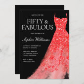 レッドスパークルドレスブラック50thバースデーパーティー 招待状 (正面/裏面)