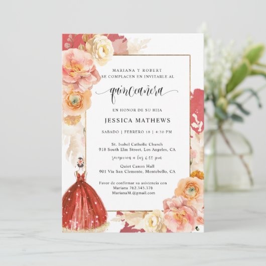 レッドスペインのフローラエレガントキンセニェラ招待状 招待状 (スタンド正面)