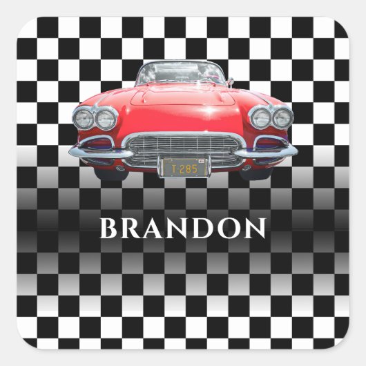 レッドスポーツの車、ホワイトネーム、B/W 市松模様に スクエアシール (正面)