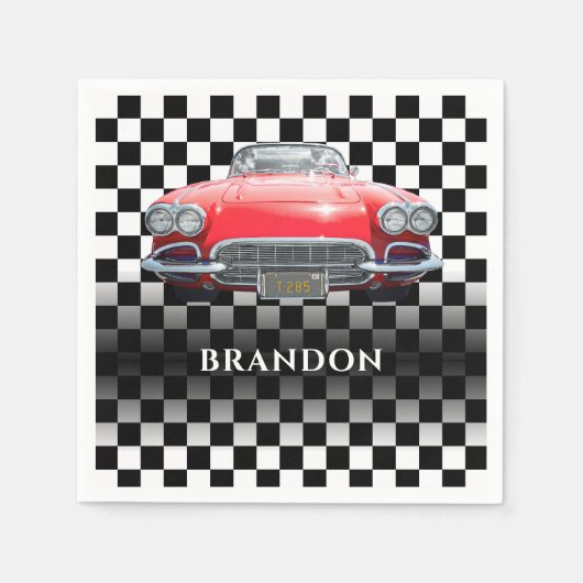 レッドスポーツの車、ホワイトネーム、B/W 市松模様に スタンダードカクテルナプキン (正面)