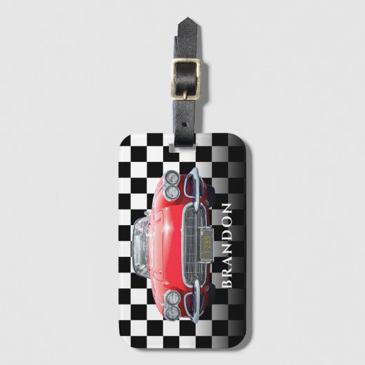 レッドスポーツの車、ホワイトネーム、B/W 市松模様に ラゲッジタグ (正面縦)