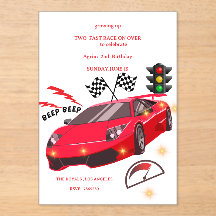 レッドスポーツカーレーステーマパーティー招待状