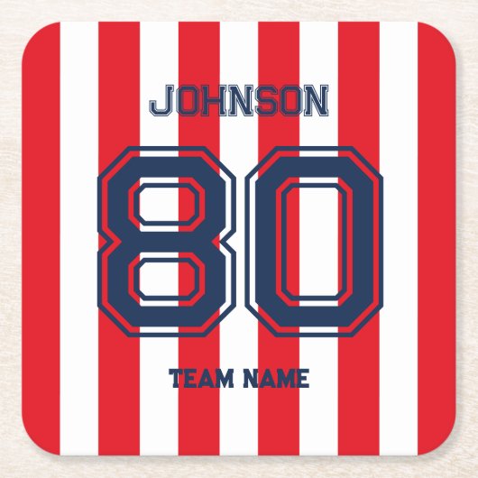 レッドスポーツチーム名前をカスタムするナンバーチームゲームデイ スクエアペーパーコースター (正面)