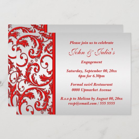 レッドスワール婚約記念日のパーソナライズ 招待状 (正面/裏面)