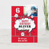 レッドスーパーヒーロー漫画バブルボーイフォト誕生日 カード (正面)