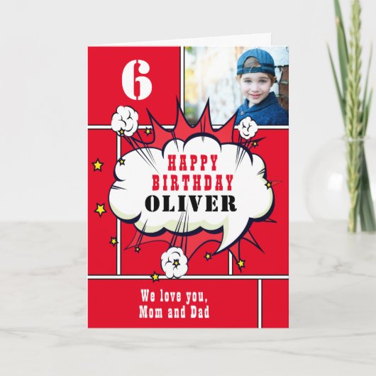 レッドスーパーヒーロー漫画バブルボーイフォト誕生日 カード (正面)